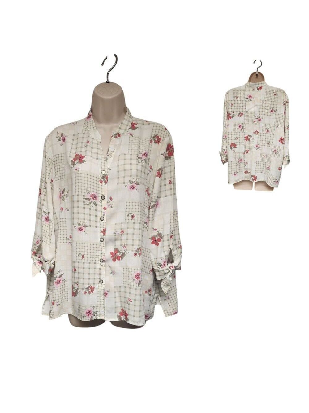 Allison Daley Garden Check Print 3/4 Tie Sleeve Y-Neck Button Front Top Size L